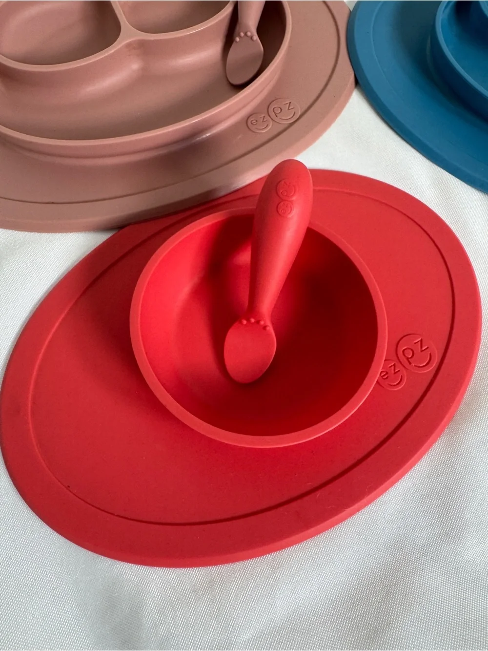 EzPz Silicone Suction Toddler Plate with Spoon Pink, Blue